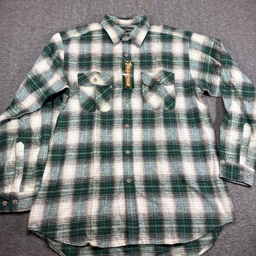 Vintage New Field Stream Flannel Shirt Men XLT Green Plaid Heavyweight Headstock